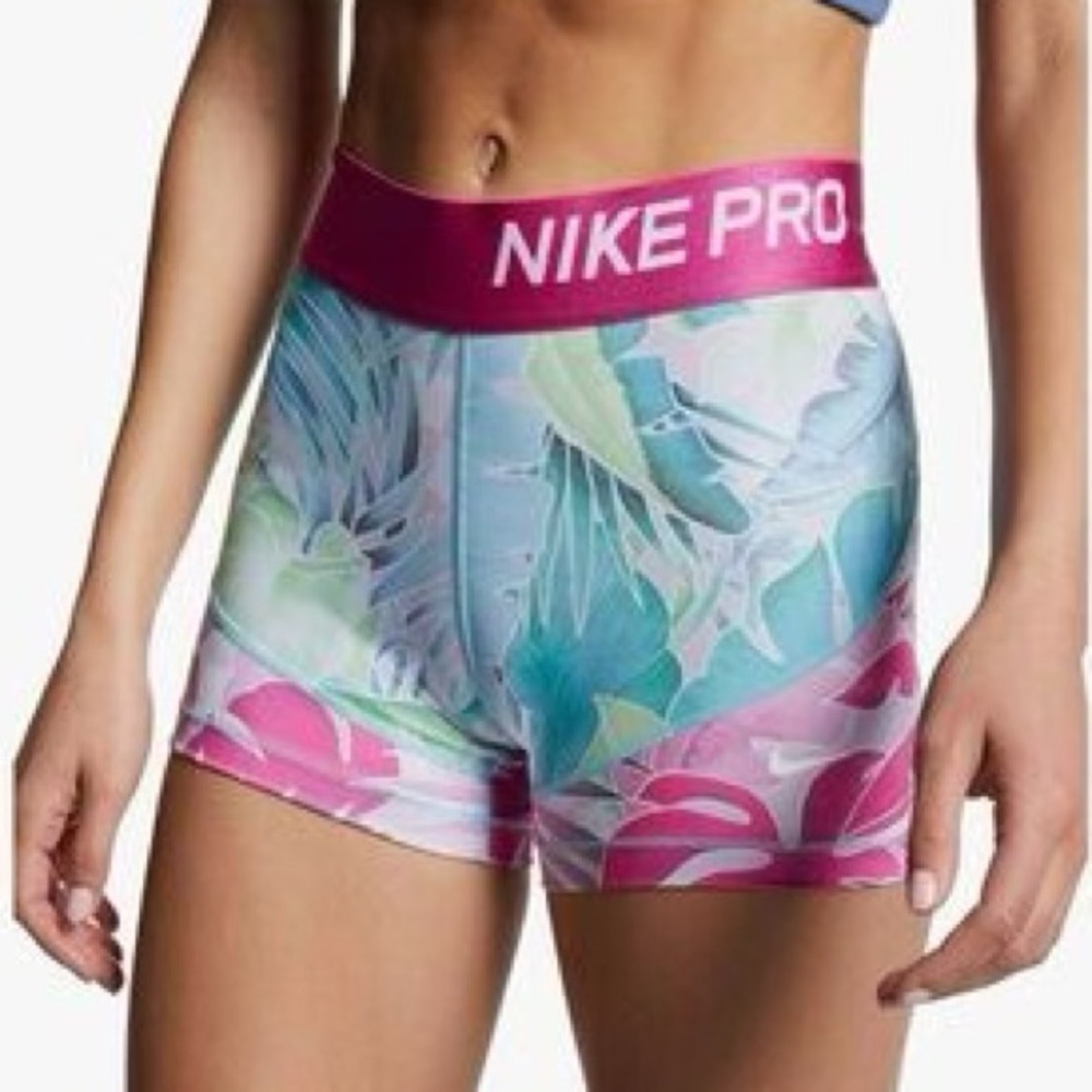 Nike Pro Women's Floral Print Bike Shorts in Pink and Teal